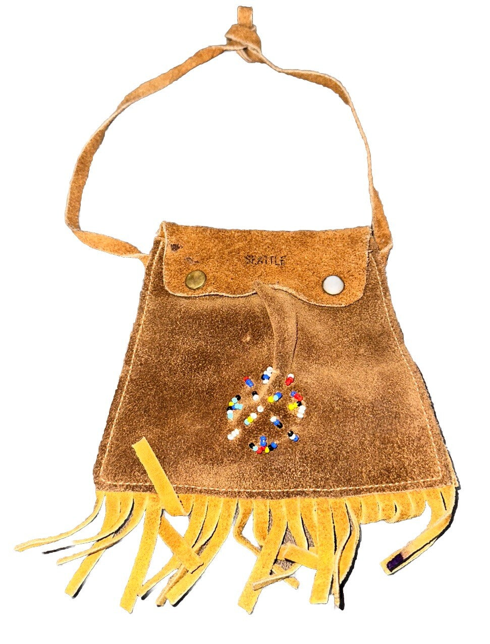 Coin Leather Pouch Purse 4.5” X 6” With Fringe 24” Thin Strap Seattle Vintage