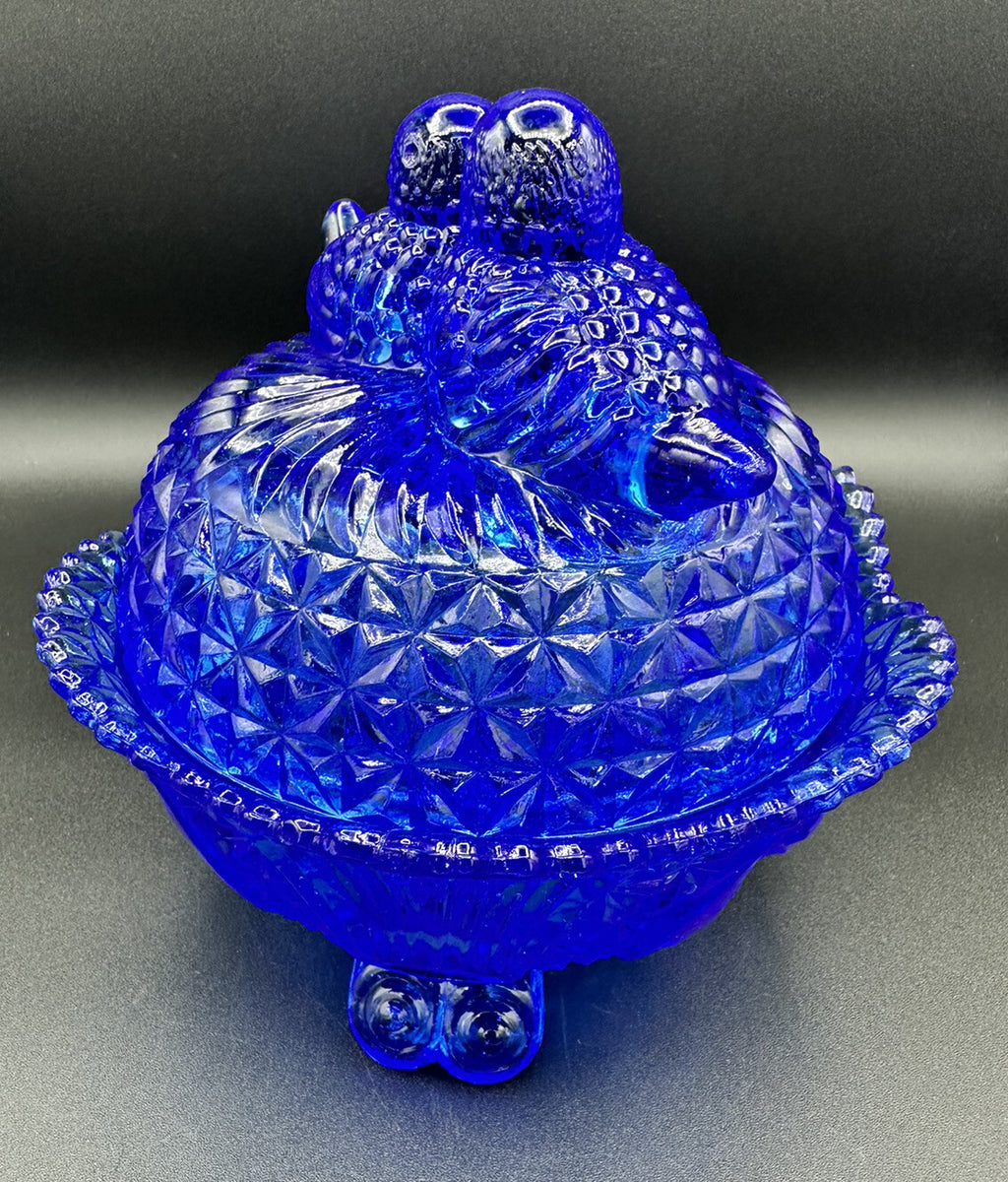 Candy Dish Hofbauer Byrdes Cobalt Blue Glass 3 Footed Large Love Birds Vintage