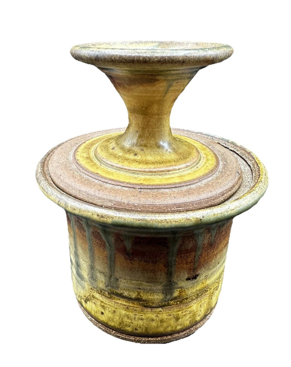 Butter Bell Keeper Crock Yellow/Brown Hues Drip Glaze Studio Art Pottery Signed