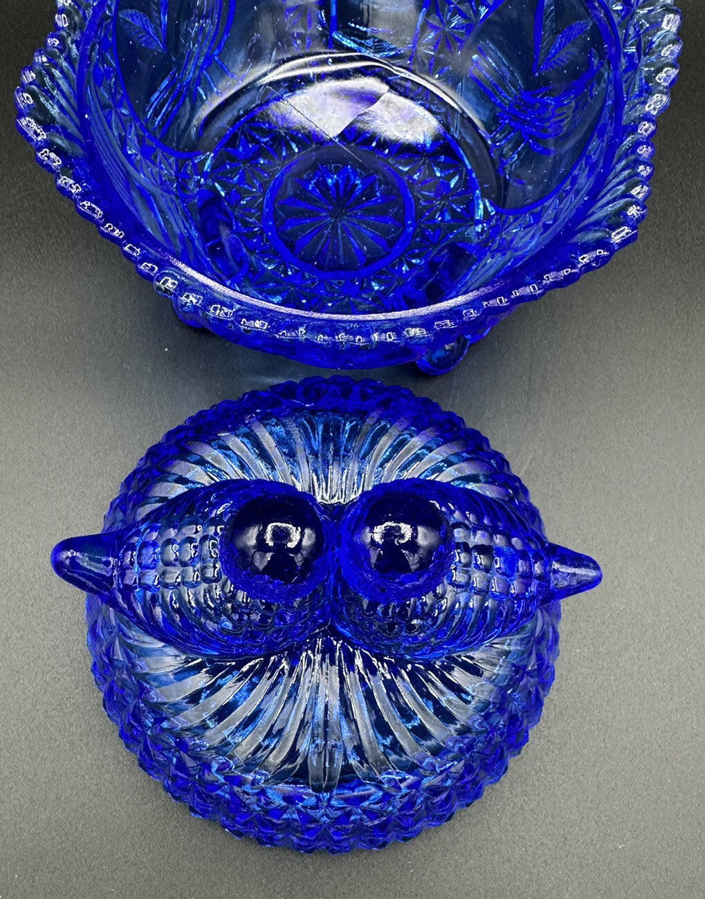 Candy Dish Hofbauer Byrdes Cobalt Blue Glass 3 Footed Large Love Birds Vintage