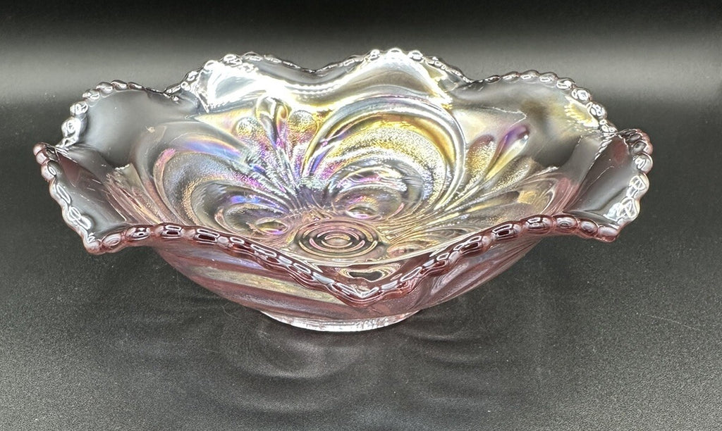 Bowl Iridescence Sawtooth Pearl Imperial Art Glass Scroll Pink Ruffled Vintage