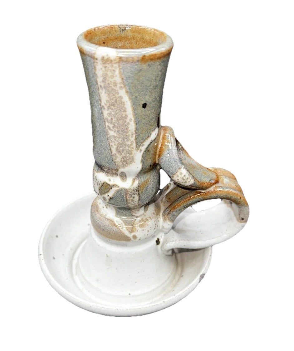 Candlestick Holder Studio Art Pottery Brown Gray Signed Vintage