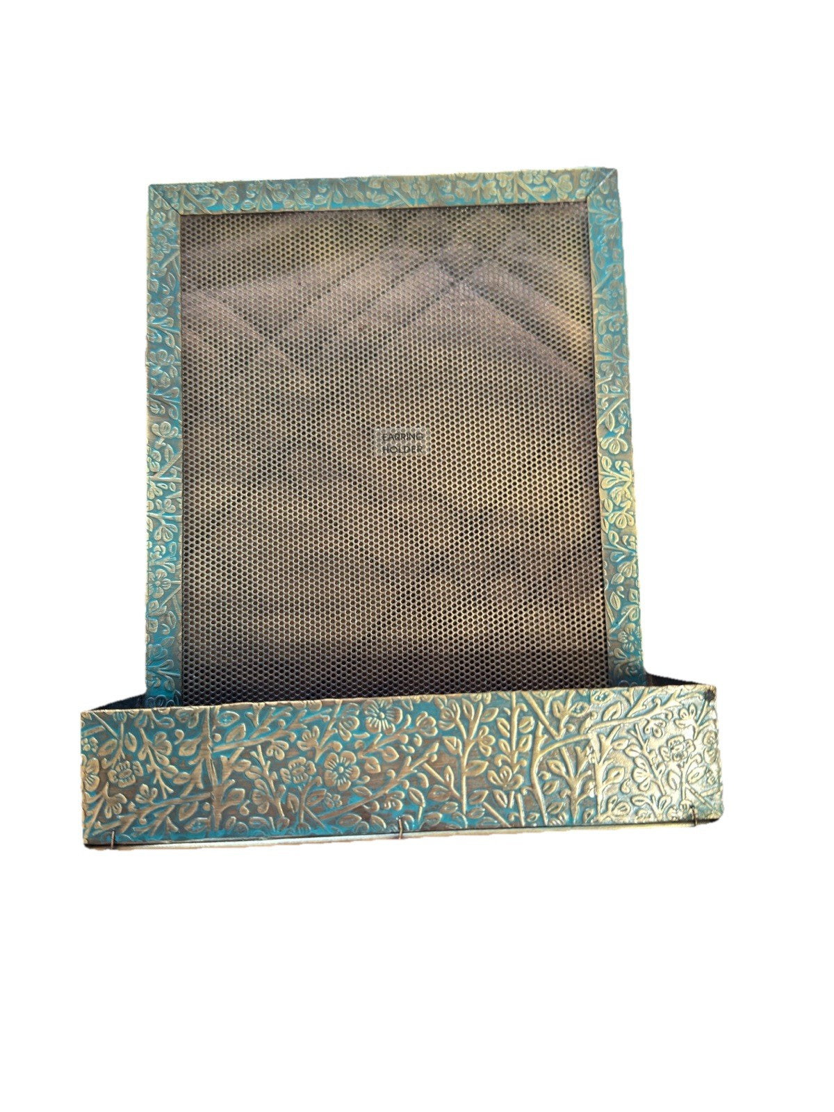 Earring Display Organizer Rack with Basket Blue Gold Tone Metal Wire Mesh