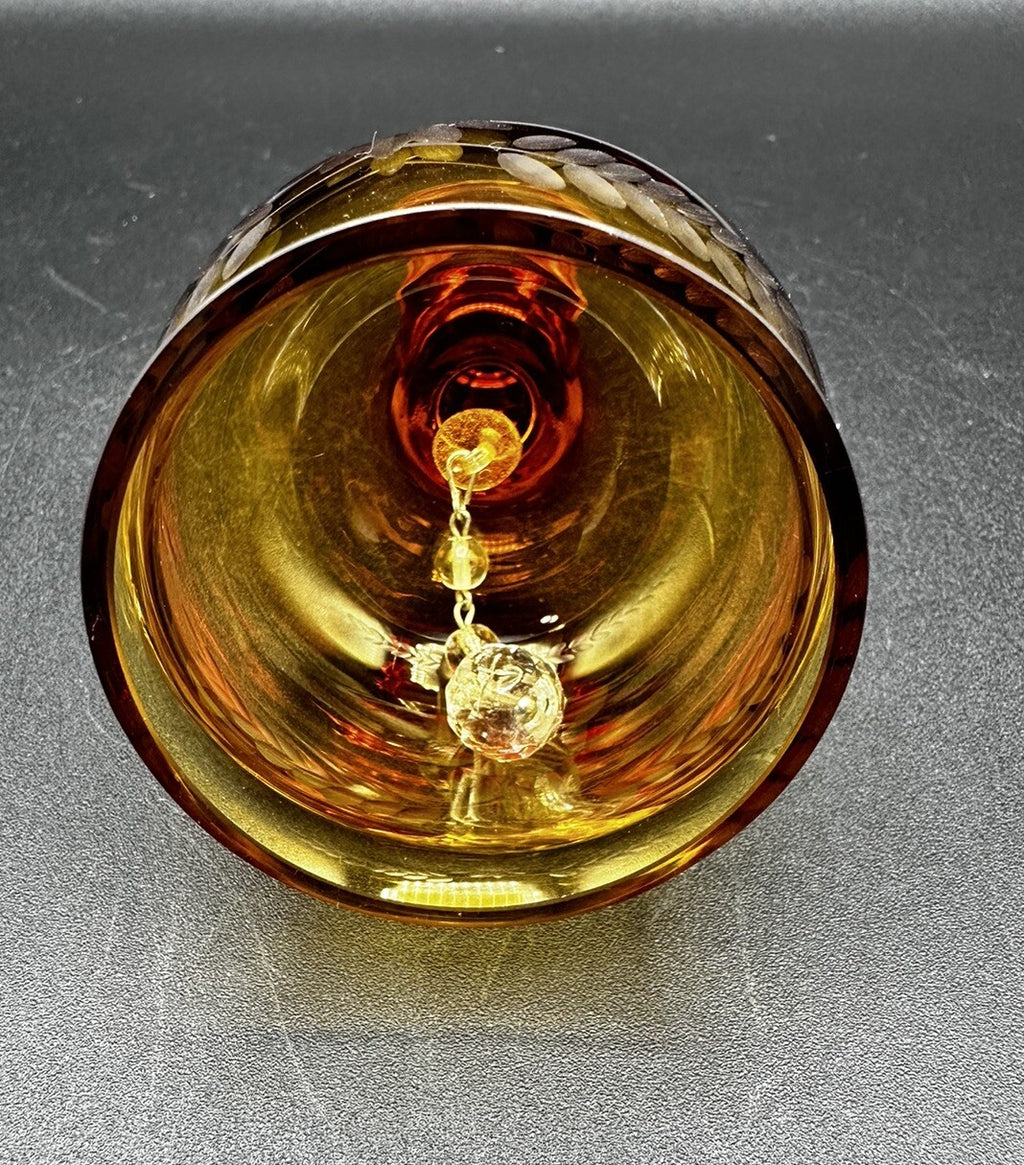 Bell Sunflower & Leaf Etched Design Krosno Amber Glass Vintage