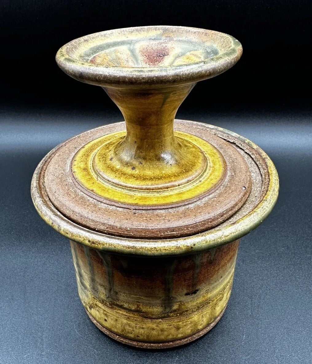 Butter Bell Keeper Crock Yellow/Brown Hues Drip Glaze Studio Art Pottery Signed
