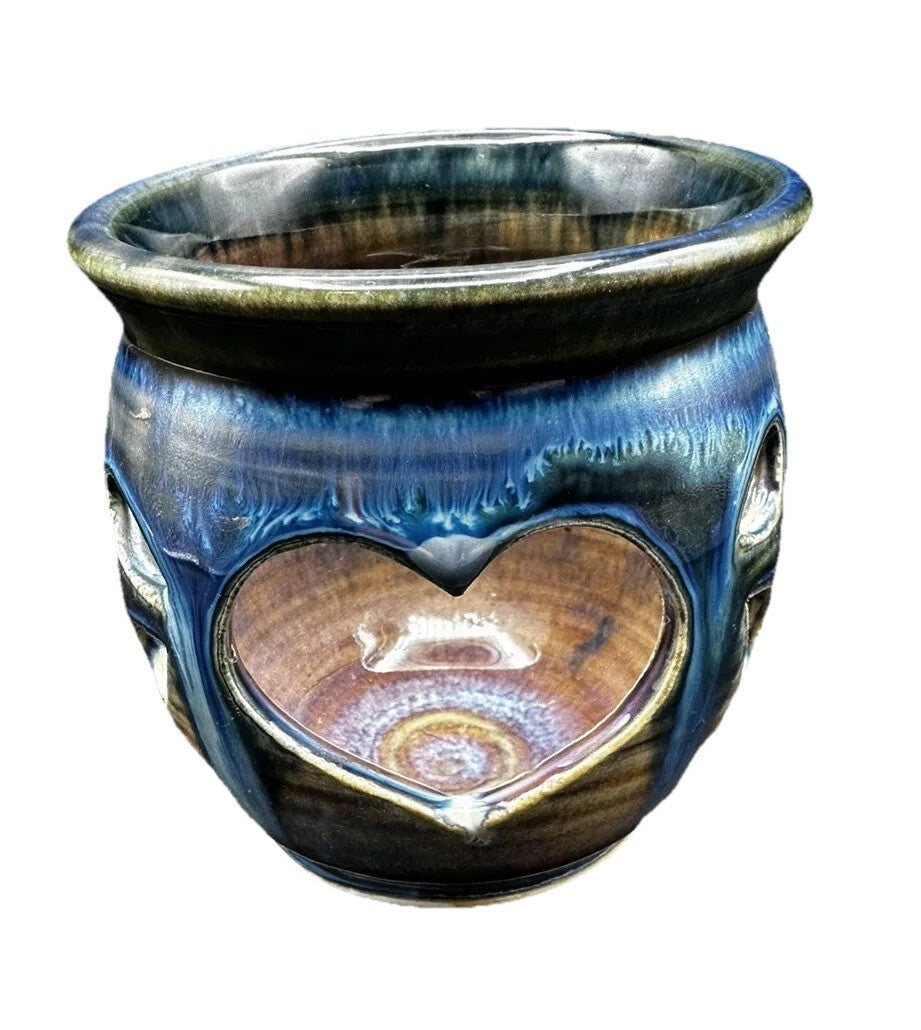 Art Pottery Votive Signed Olsen Blue Purple Maroon Heart Cut Out