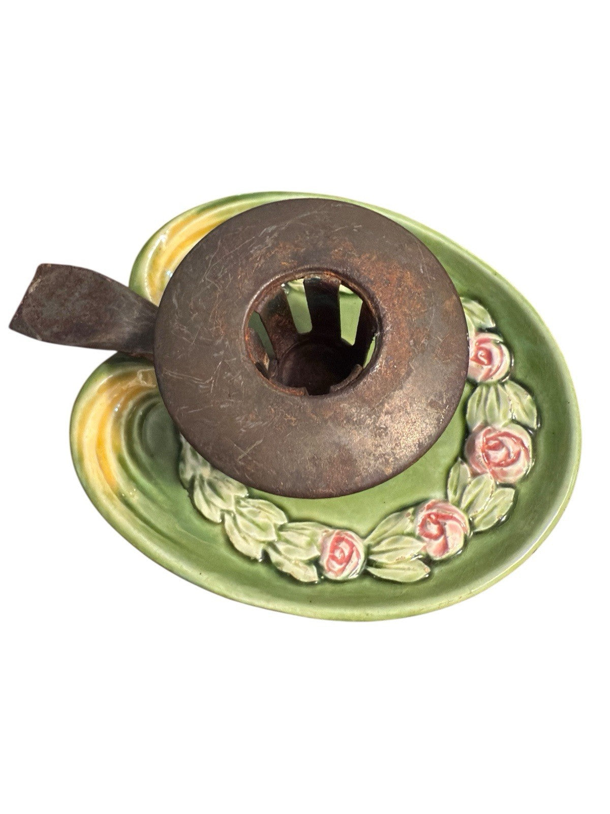 Candle Holder Green Base Decorated With Pink Roses And Metal Top And Handle Vtg