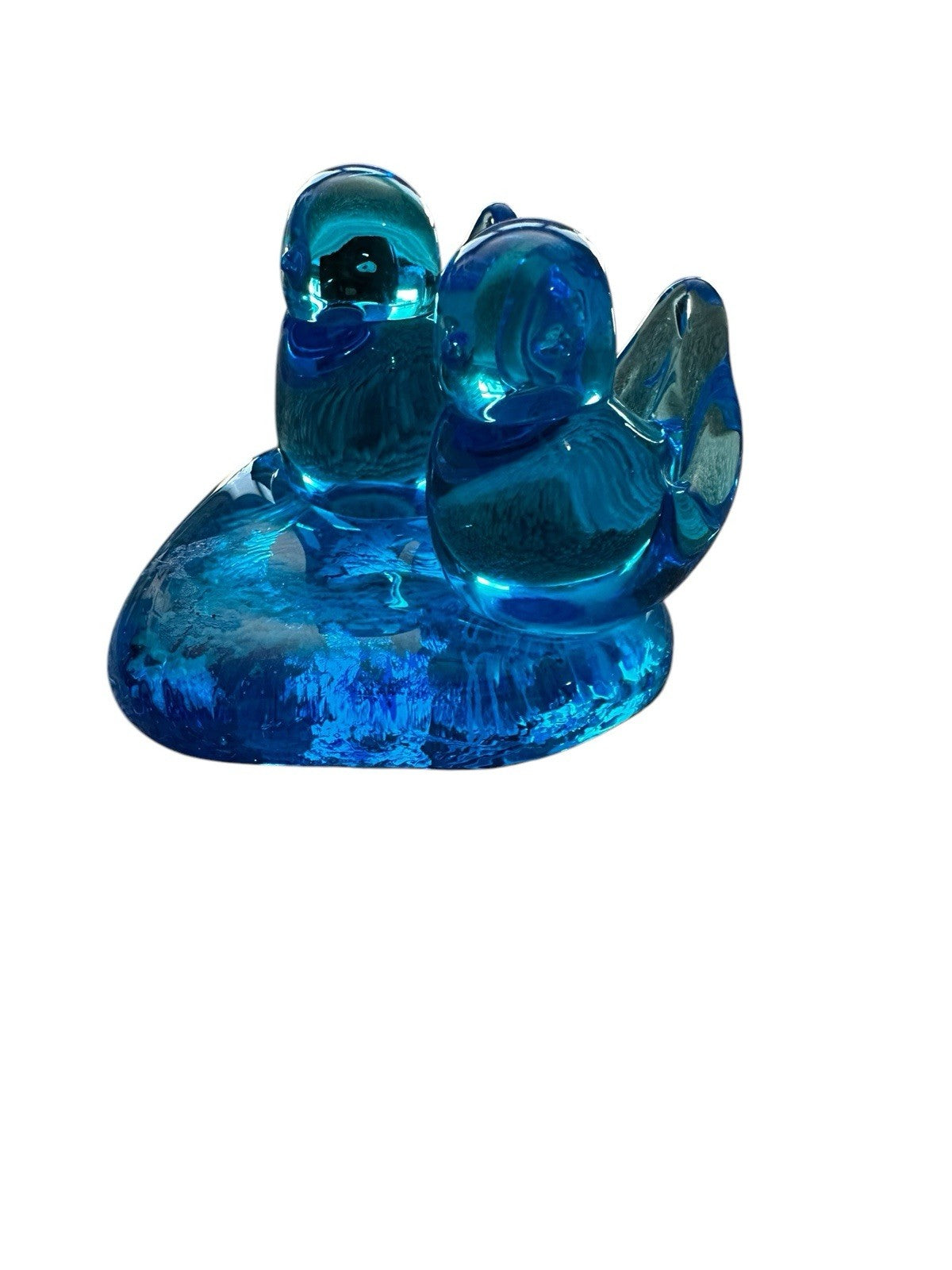 Blue Birds of Happiness Glass Figurine on Heart Base Leo Ward 2000 Signed Vtg