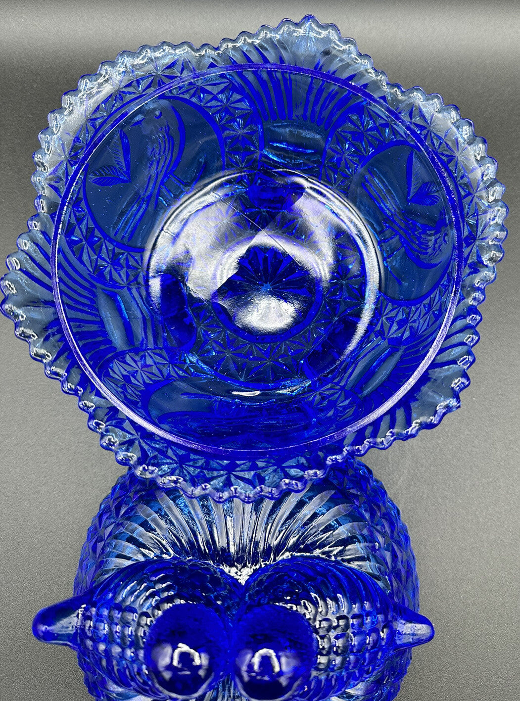 Candy Dish Hofbauer Byrdes Cobalt Blue Glass 3 Footed Large Love Birds Vintage