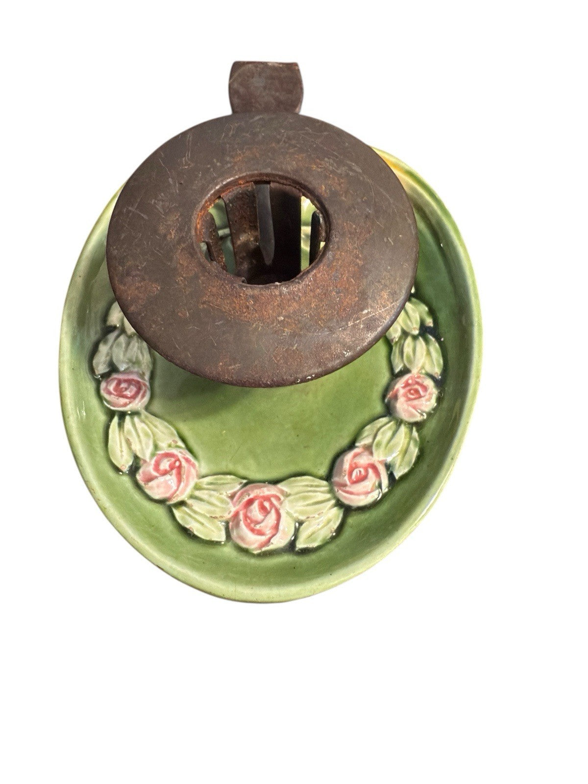 Candle Holder Green Base Decorated With Pink Roses And Metal Top And Handle Vtg
