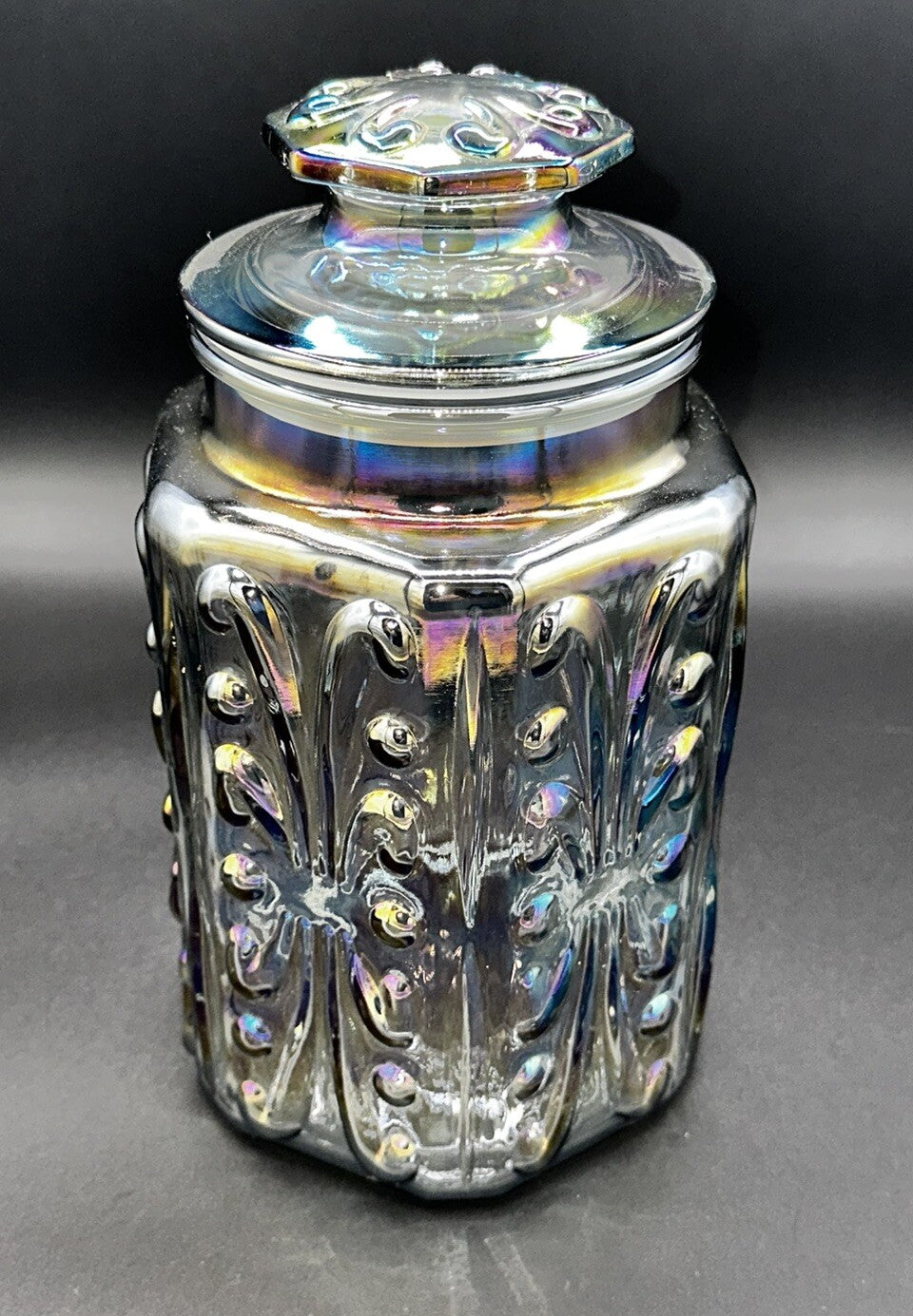 Cookie Jar Canister Carnival Glass Purple Iridescent Embossed Rainbow Vintage