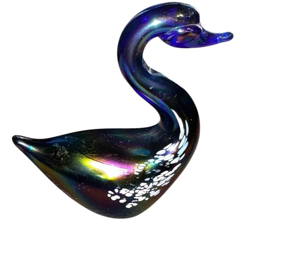 Art Glass Swan Cobalt Blue with White Iridescence Vintage