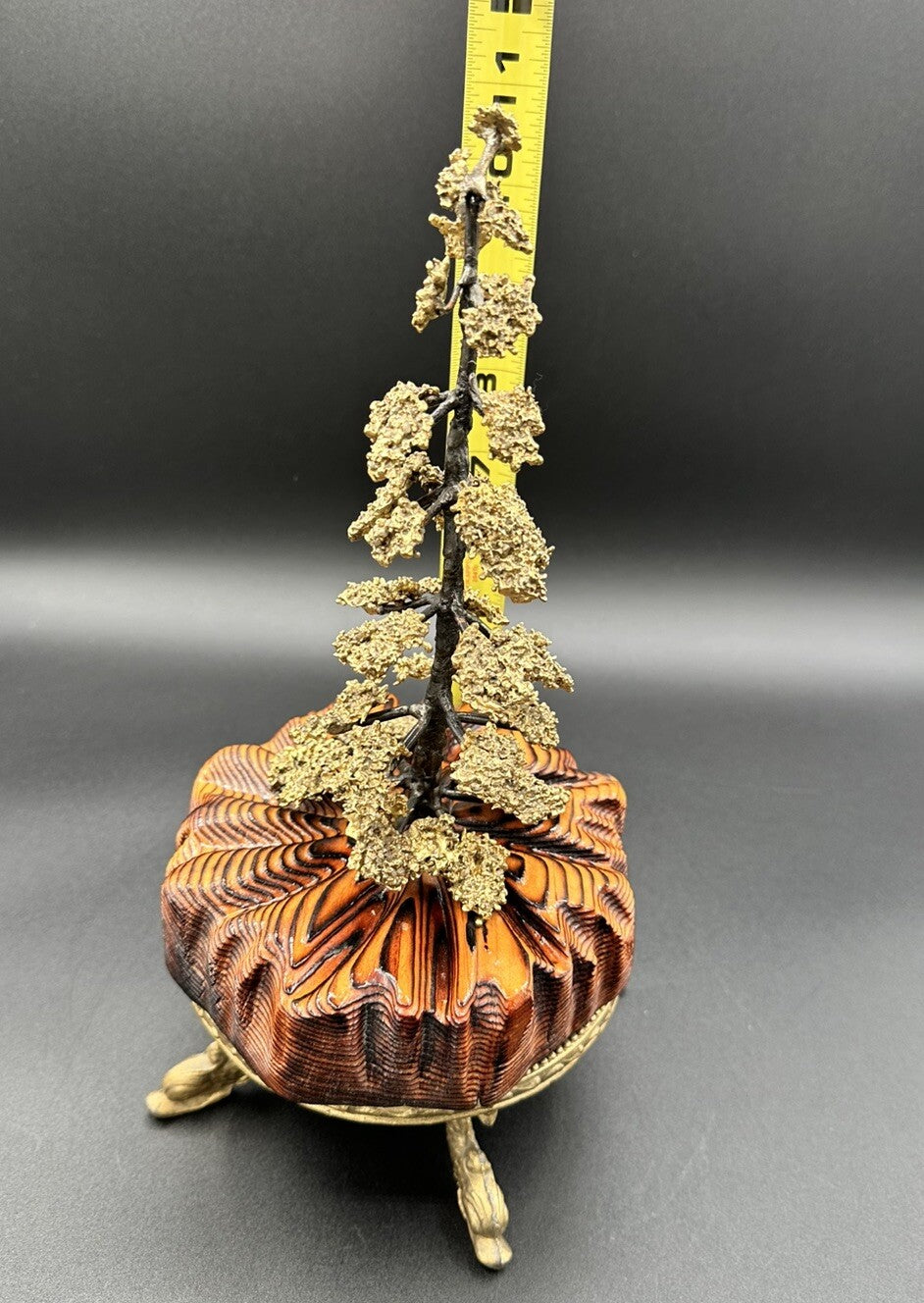 Bonsai Fur Tree Wood Base  10.75”Tall Handmade Hand Painted Bronze Vtg