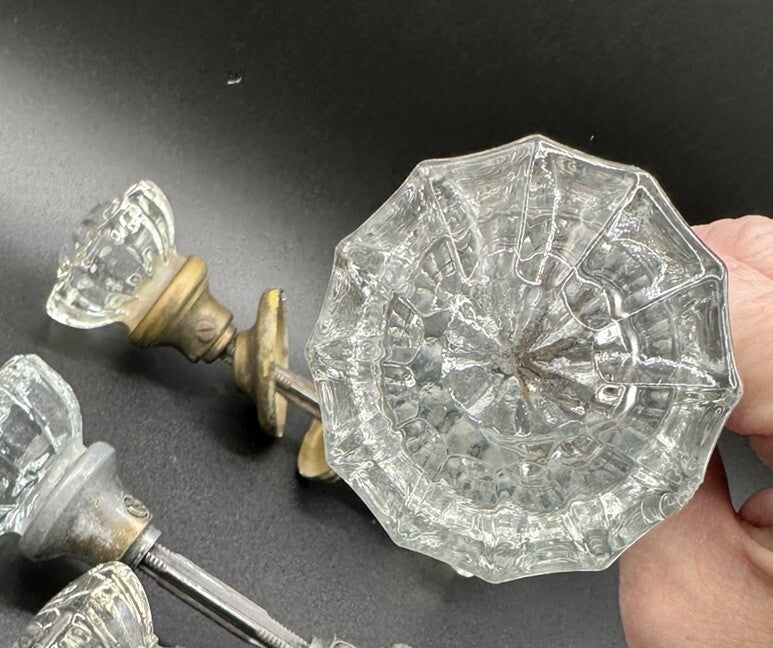 Antique Door Knobs Brass Collar & Spindles Hardware 7 Sets Glass 12 pt
