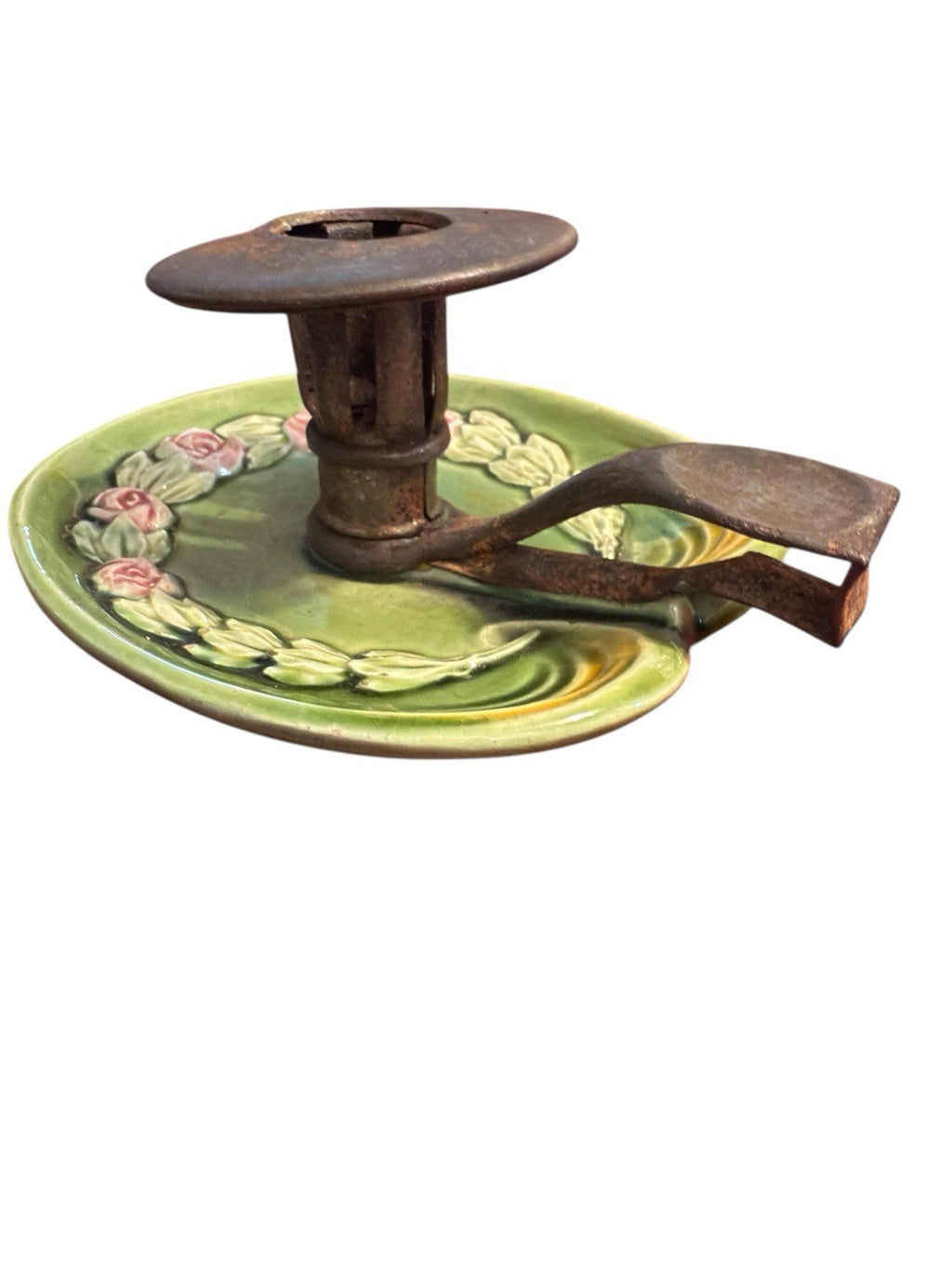 Candle Holder Green Base Decorated With Pink Roses And Metal Top And Handle Vtg