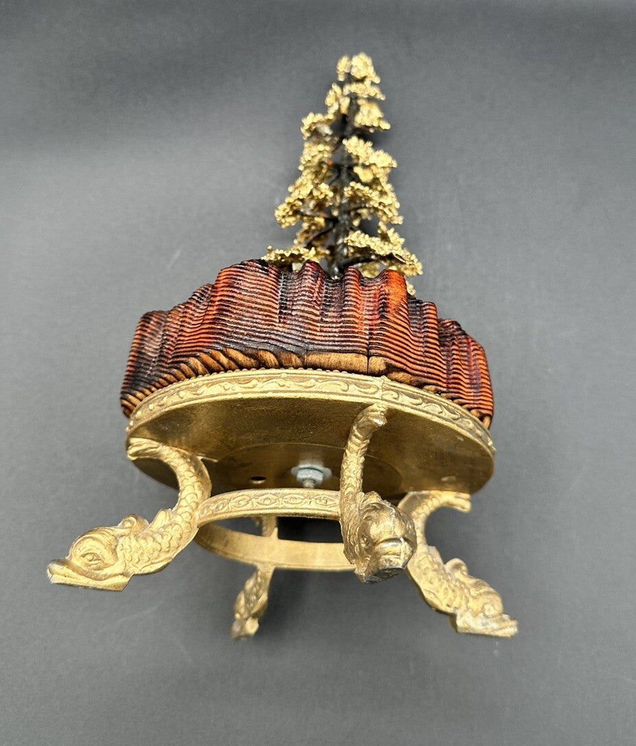 Bonsai Fur Tree Wood Base  10.75”Tall Handmade Hand Painted Bronze Vtg