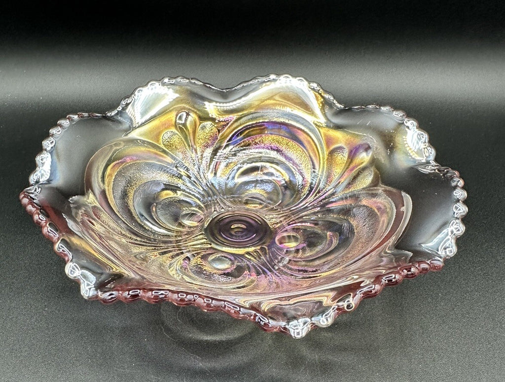 Bowl Iridescence Sawtooth Pearl Imperial Art Glass Scroll Pink Ruffled Vintage