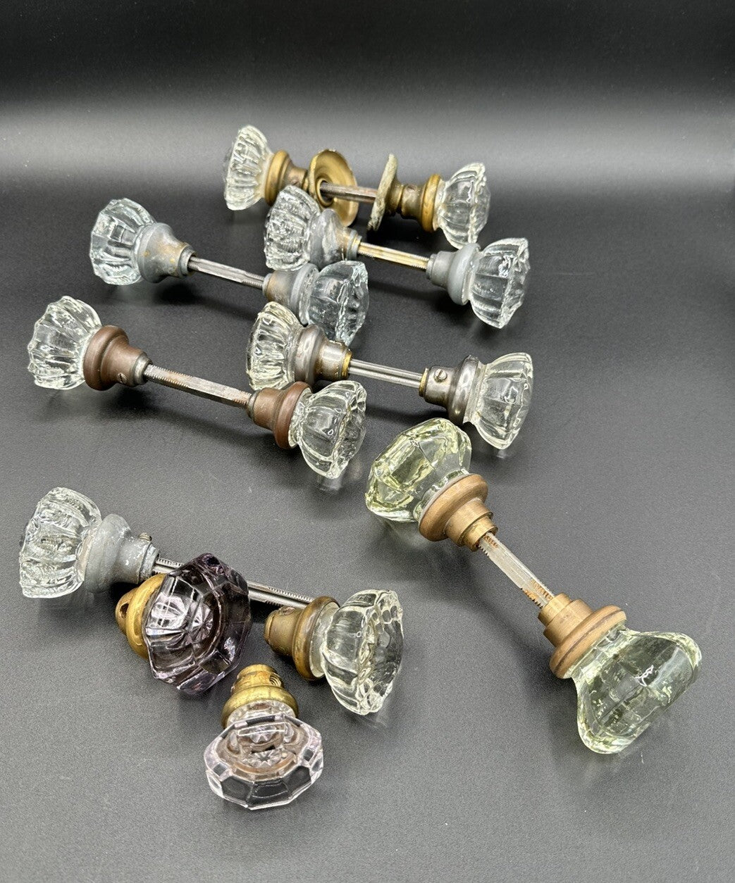 Antique Door Knobs Brass Collar & Spindles Hardware 7 Sets Glass 12 pt