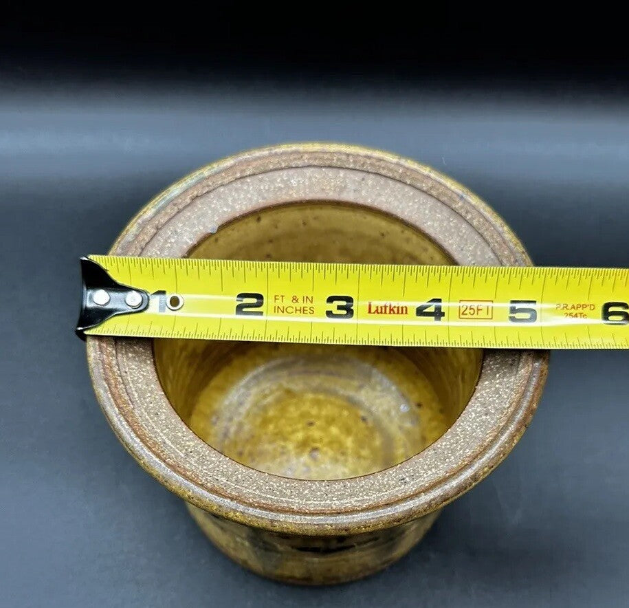 Butter Bell Keeper Crock Yellow/Brown Hues Drip Glaze Studio Art Pottery Signed