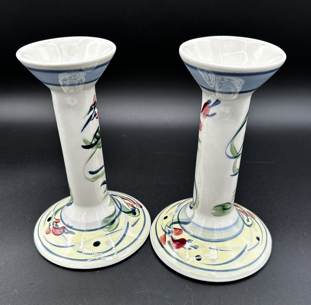 Candle Holders Signed Gail Pittman 7" Blue White Floral Narrow Neck