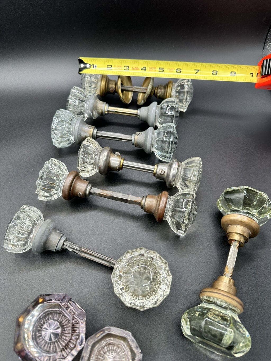 Antique Door Knobs Brass Collar & Spindles Hardware 7 Sets Glass 12 pt