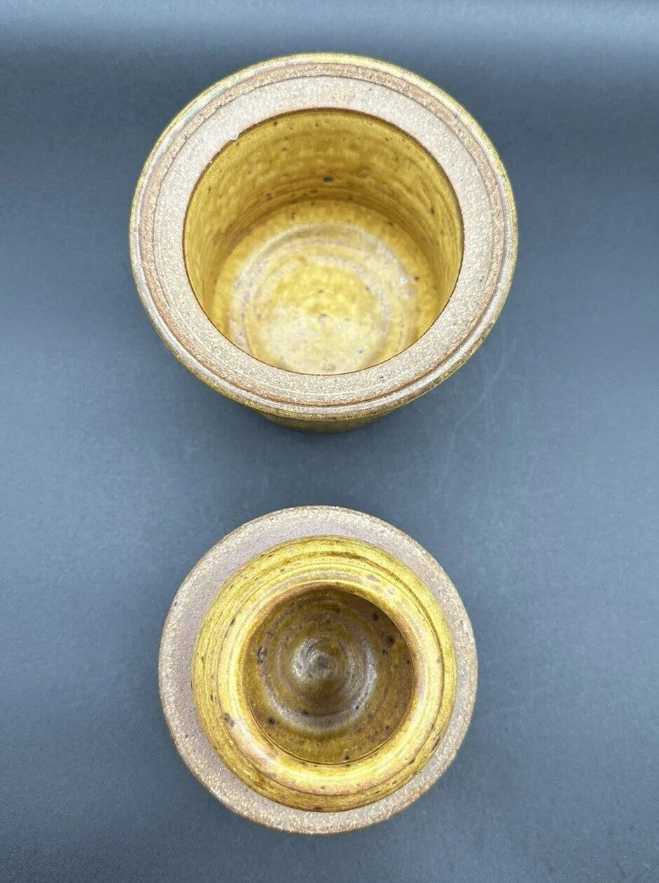 Butter Bell Keeper Crock Yellow/Brown Hues Drip Glaze Studio Art Pottery Signed