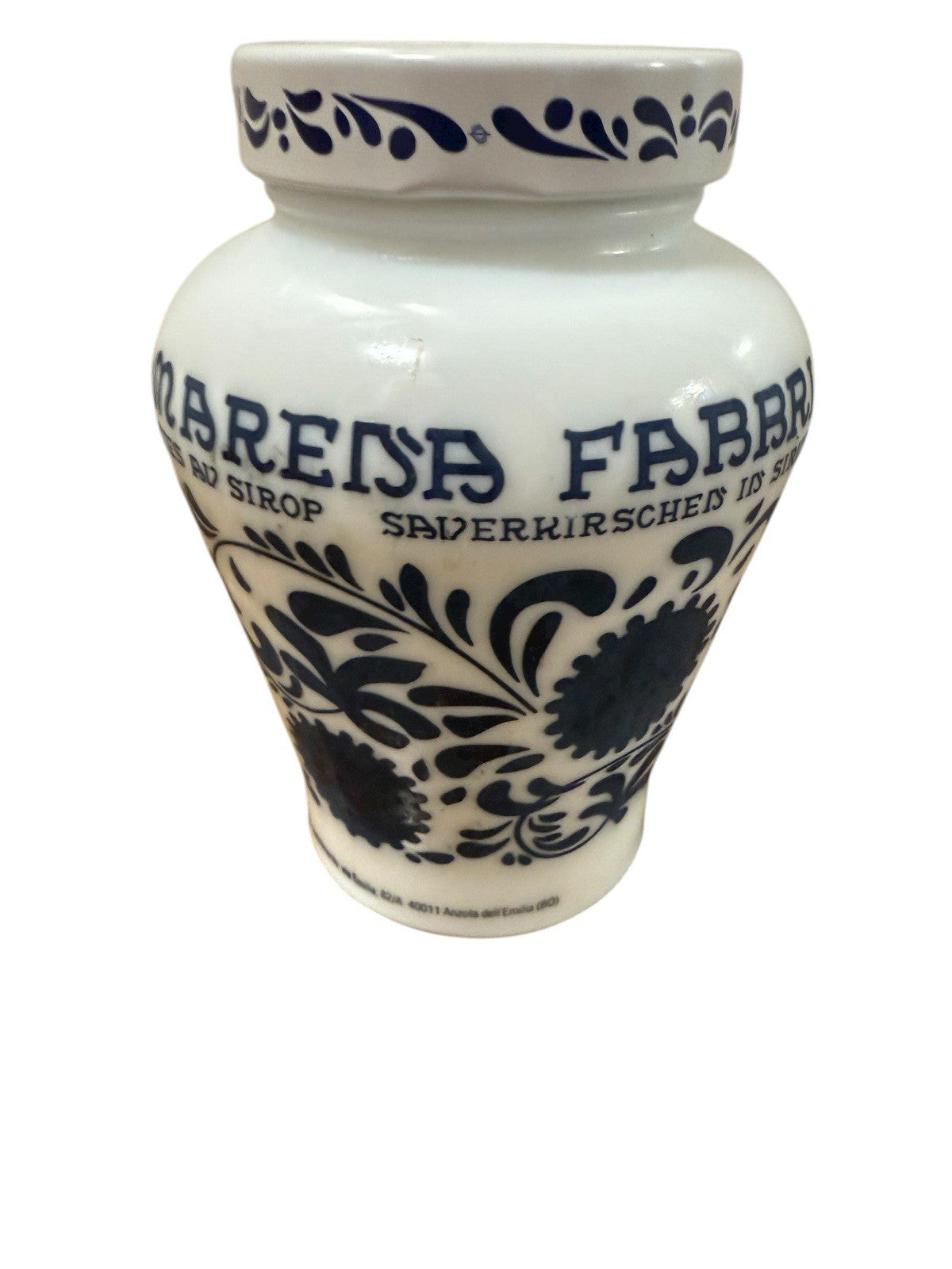 Amarena Fabbri Milk Glass Jar "Empty" Cherries Blue White Floral 5.25" H Italy