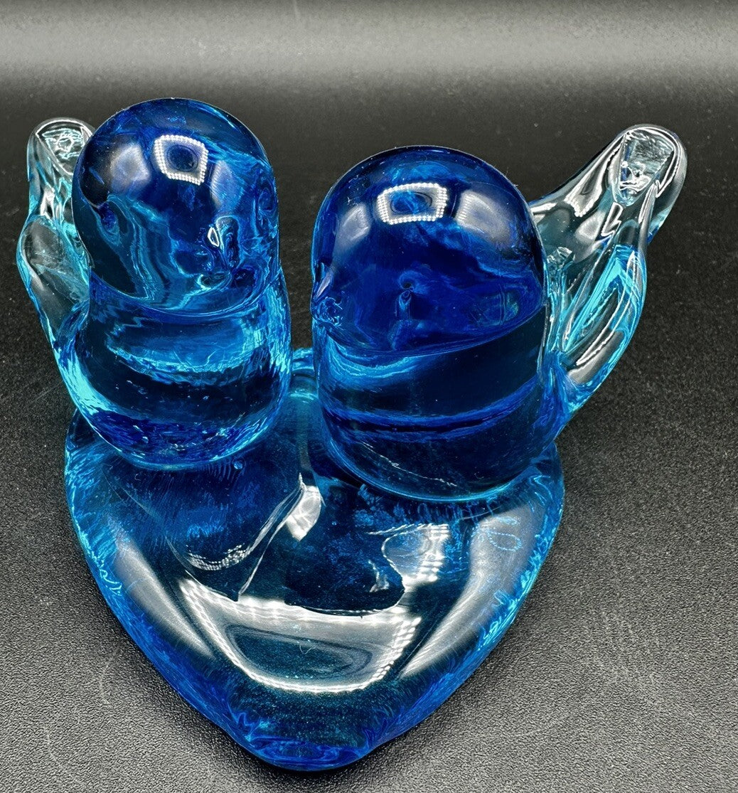 Bluebirds Of Happiness Heart Pair Glass Figurine Blue/Leonard 1988 Vintage