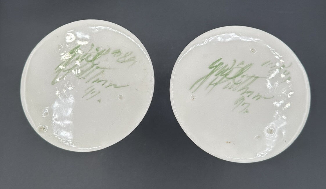 Candle Holders Signed Gail Pittman 7" Blue White Floral Narrow Neck