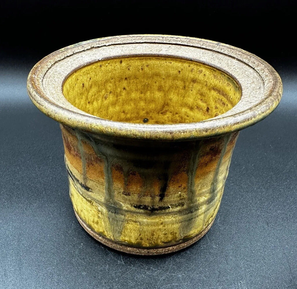 Butter Bell Keeper Crock Yellow/Brown Hues Drip Glaze Studio Art Pottery Signed