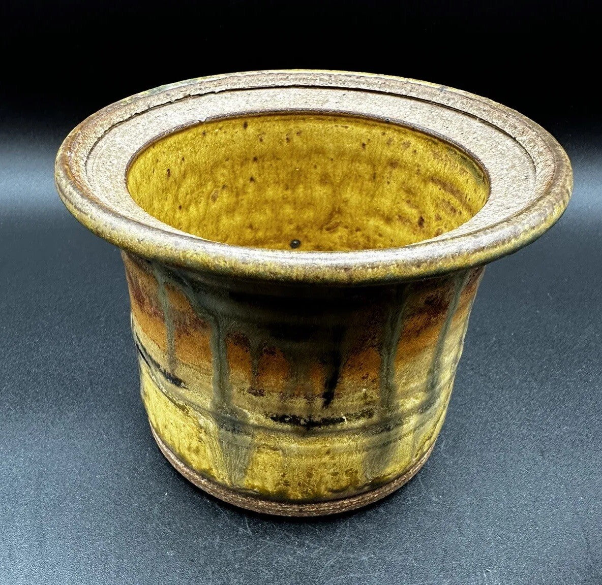 Butter Bell Keeper Crock Yellow/Brown Hues Drip Glaze Studio Art Pottery Signed