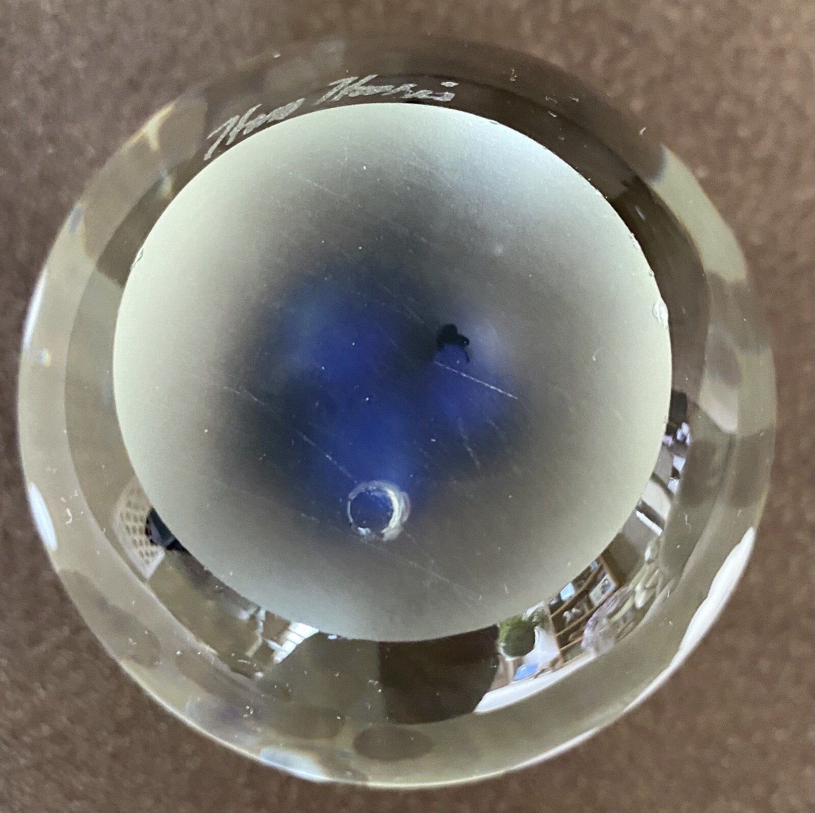 Art Glass Paperweight Cobalt Blue 3" Diam 2 5/8” Tall Signed Harv Harris Studio