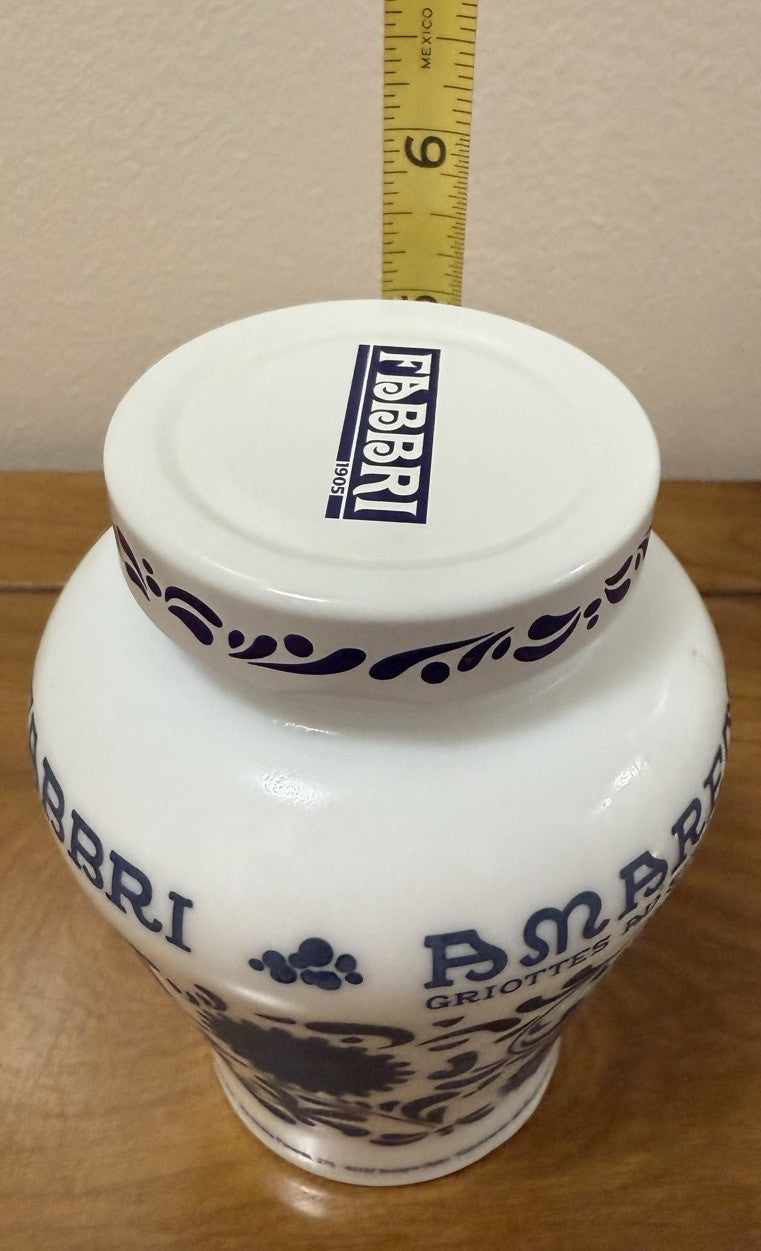 Amarena Fabbri Milk Glass Jar "Empty" Cherries Blue White Floral 5.25" H Italy