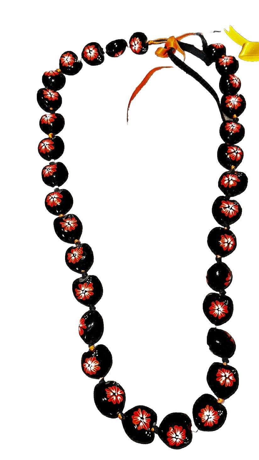 Kukui Nut Necklaces Hand Painted Hibiscus, Orange And Yellow Gold (2) Hawaiian