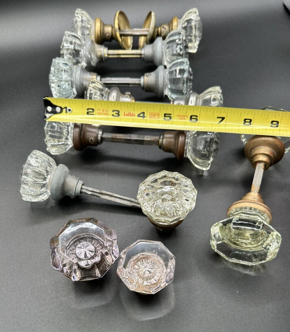 Antique Door Knobs Brass Collar & Spindles Hardware 7 Sets Glass 12 pt