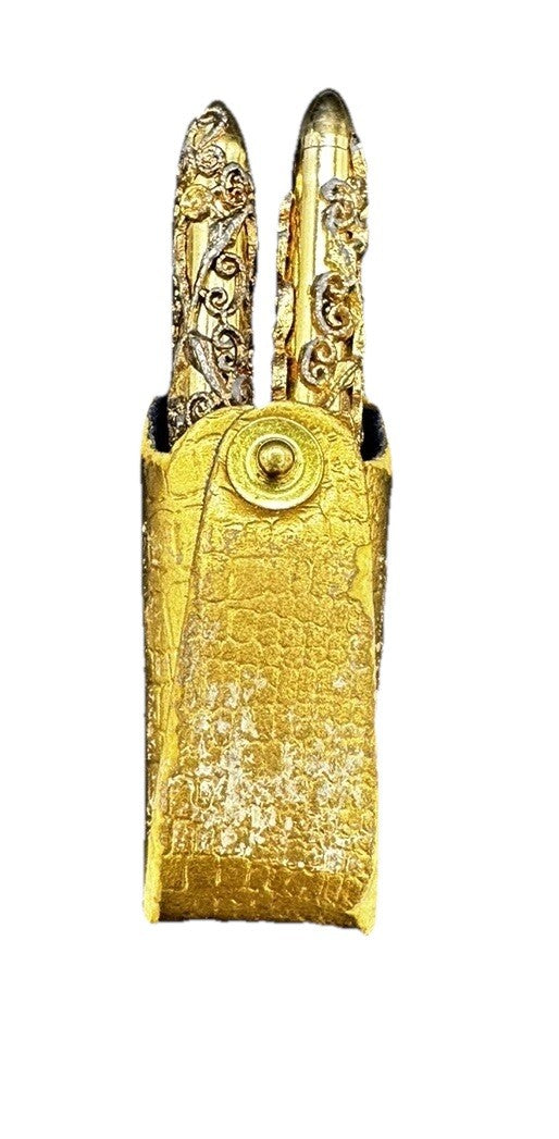 Antique Mini Pen & Pencil Set w Pouch Gold Gilt Filigree Red & Blue Rhinestone