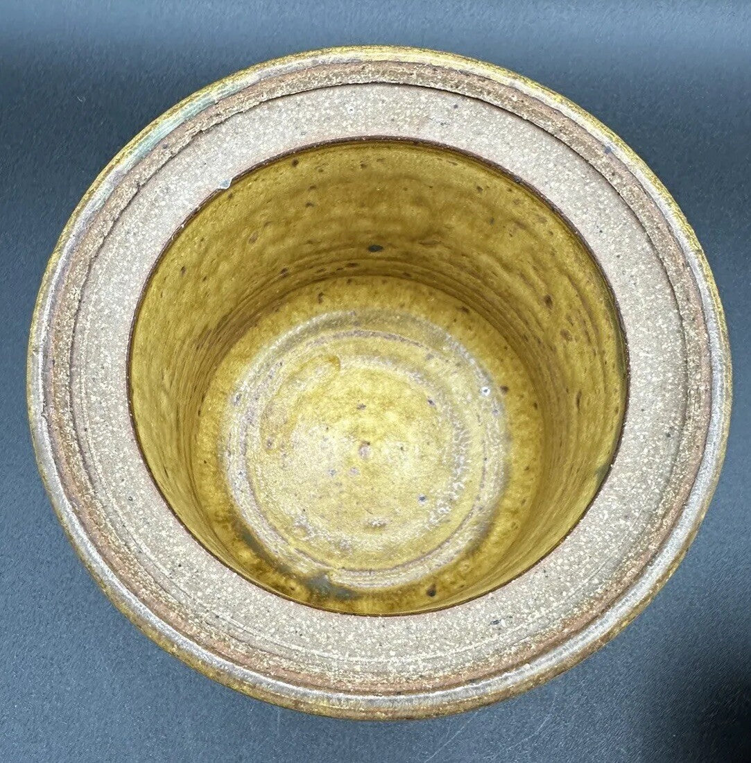 Butter Bell Keeper Crock Yellow/Brown Hues Drip Glaze Studio Art Pottery Signed