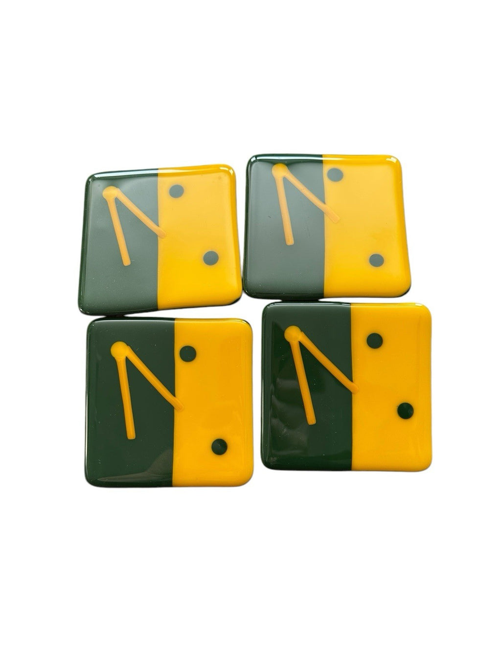 Art Glass Coasters Set Of 4 Green & Yellow Fused Dichoric 4”x4”