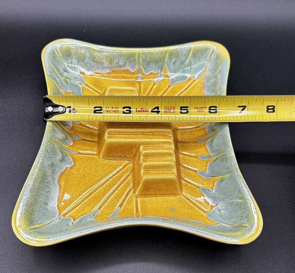 Ashtray USA Pottery 3419 Yellow Teal Green Drip Glaze 50s Vintage