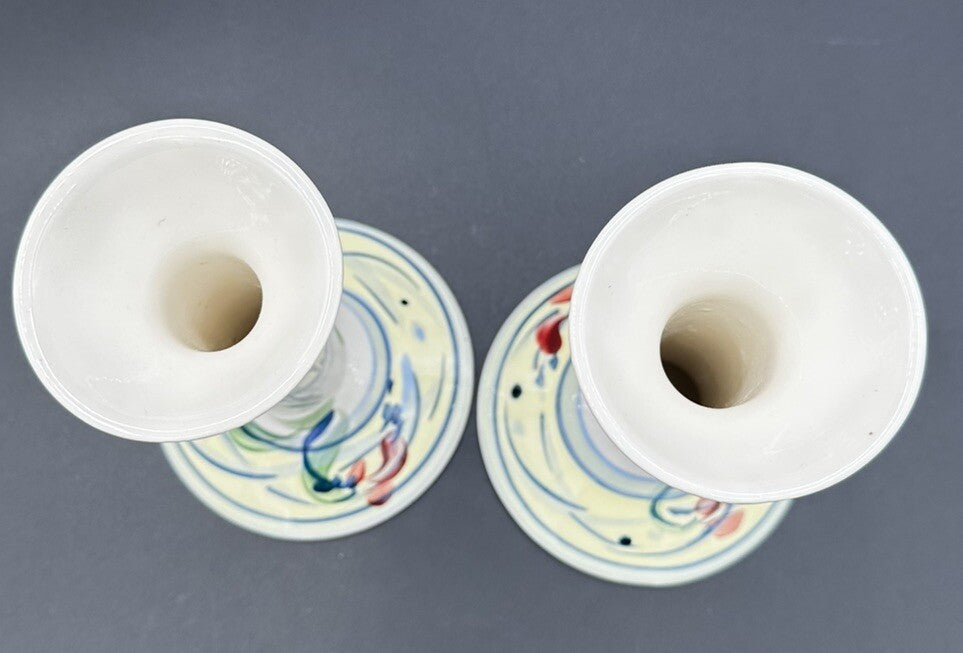 Candle Holders Signed Gail Pittman 7" Blue White Floral Narrow Neck