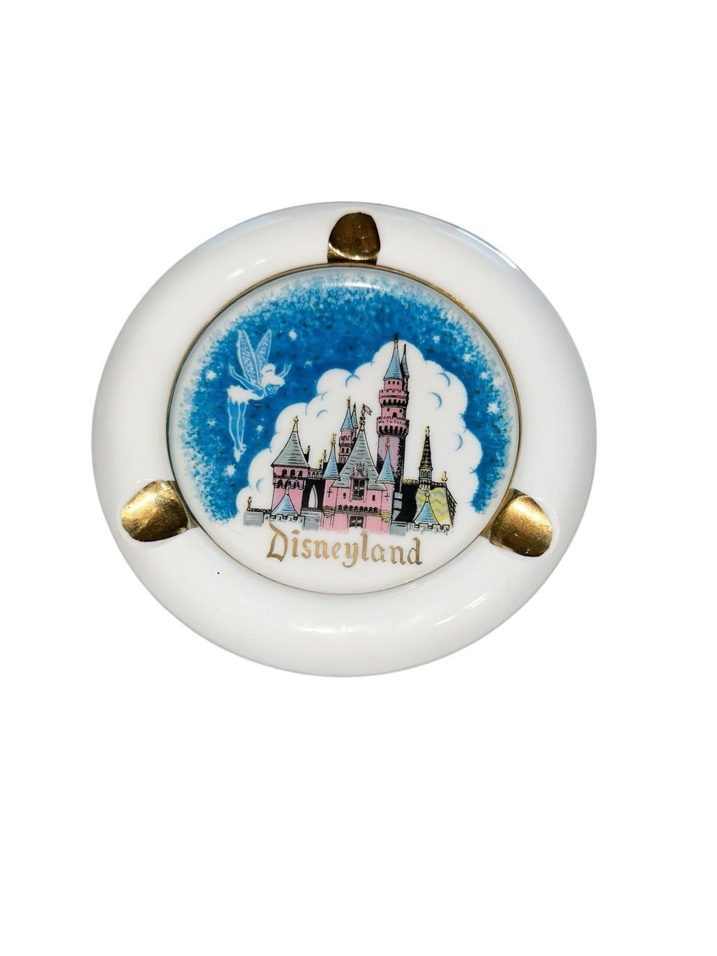 Ashtray Tinkerbell Gold Pink Aqua Colors Ceramic 5" Disneyland Castle Vtg