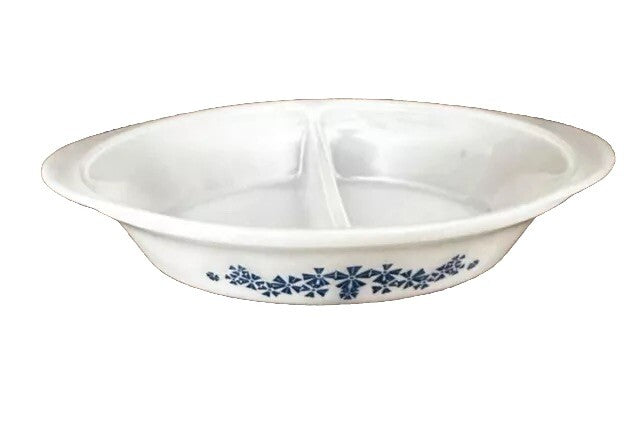 Casserole Split Dish White Blue Pinwheel J-239 Glasbake Oval Divided Vintage