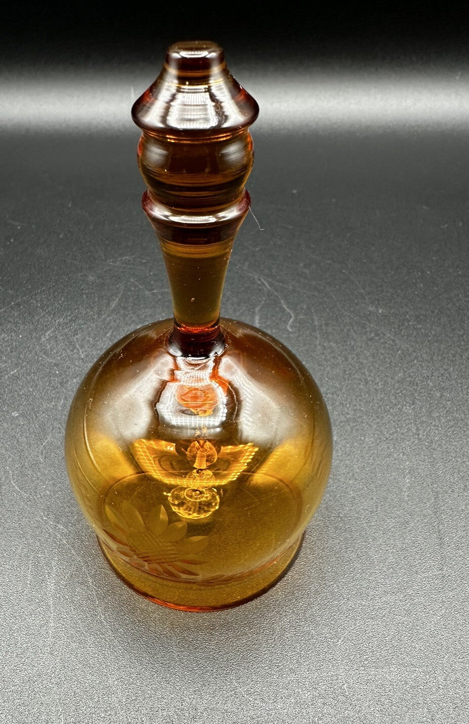 Bell Sunflower & Leaf Etched Design Krosno Amber Glass Vintage