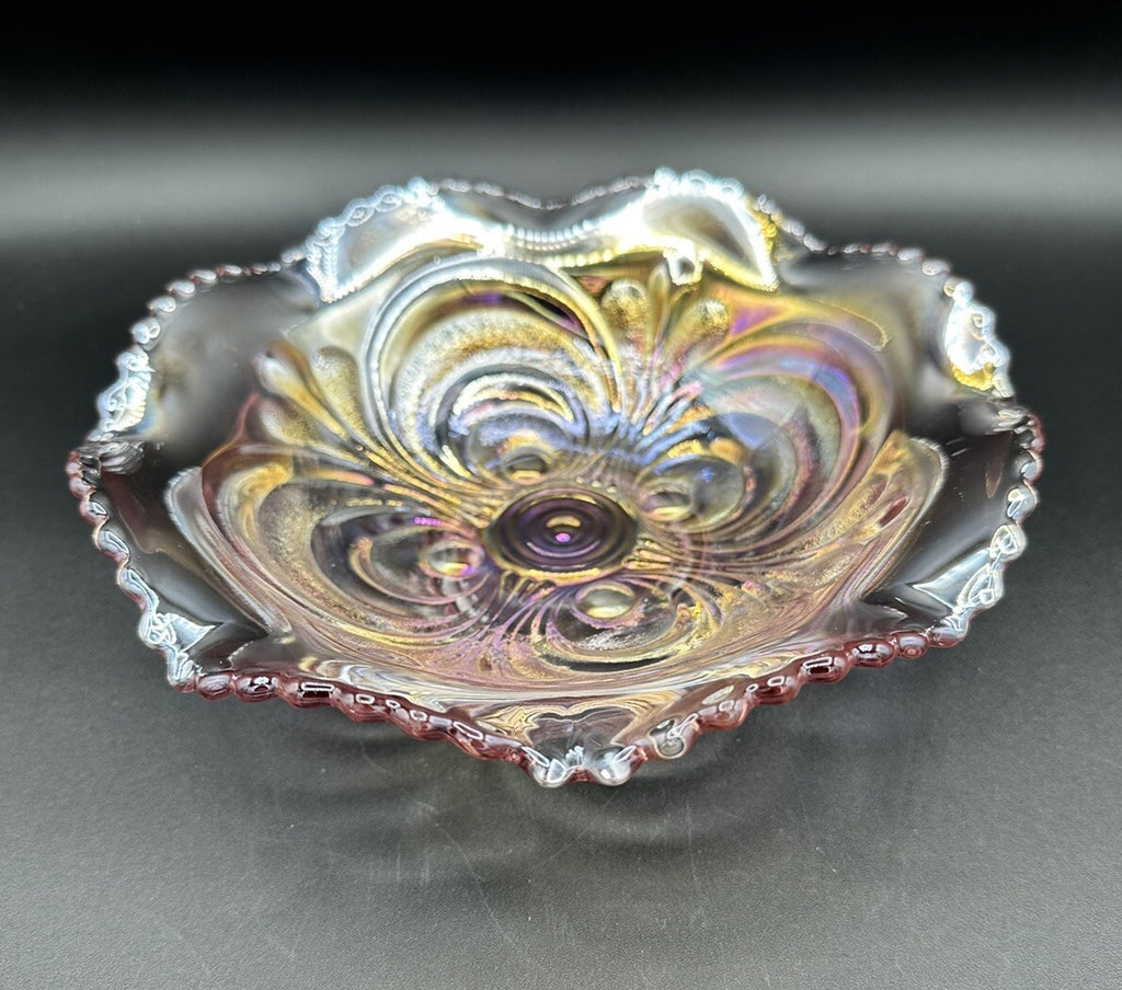 Bowl Iridescence Sawtooth Pearl Imperial Art Glass Scroll Pink Ruffled Vintage