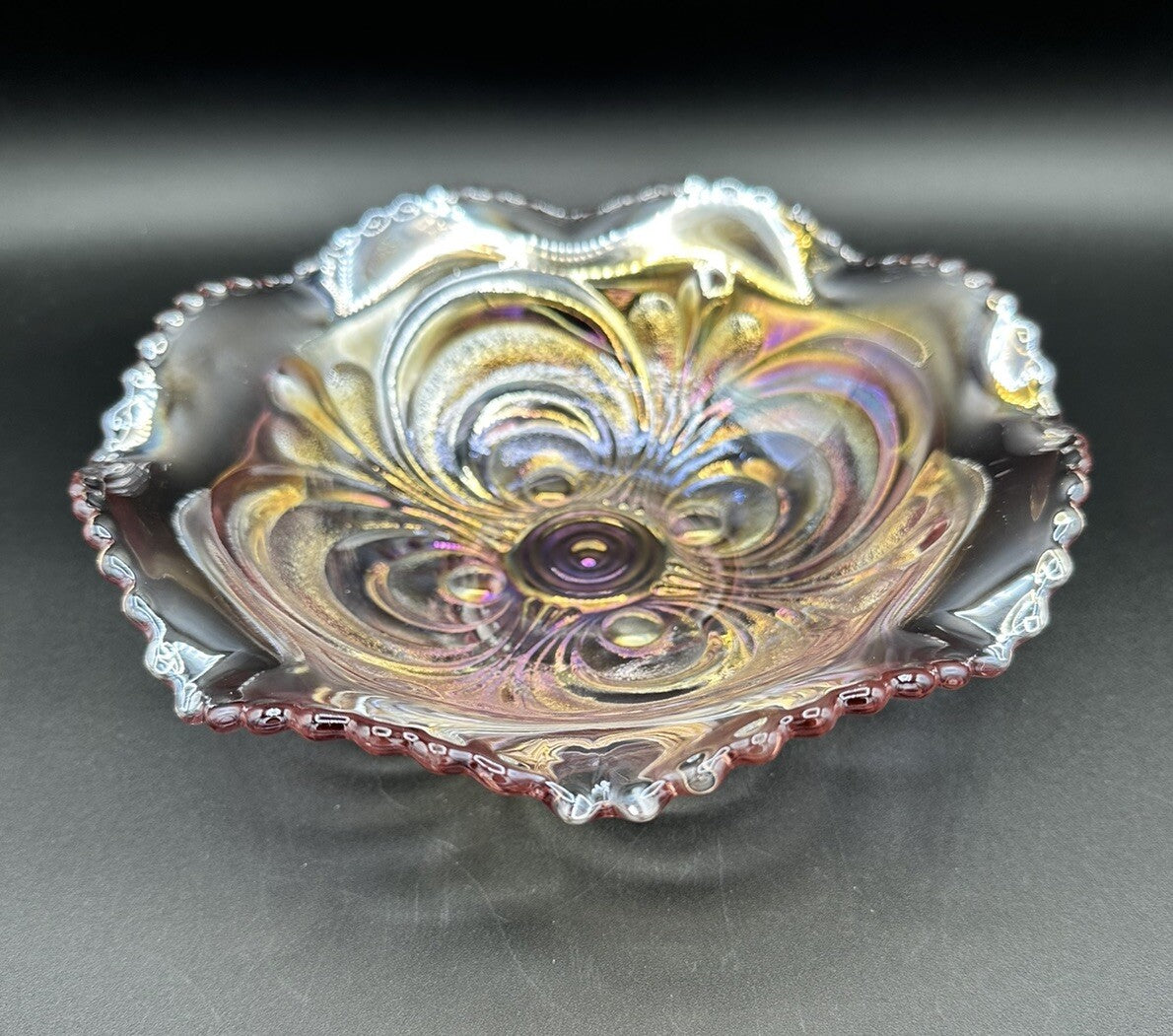 Bowl Iridescence Sawtooth Pearl Imperial Art Glass Scroll Pink Ruffled Vintage