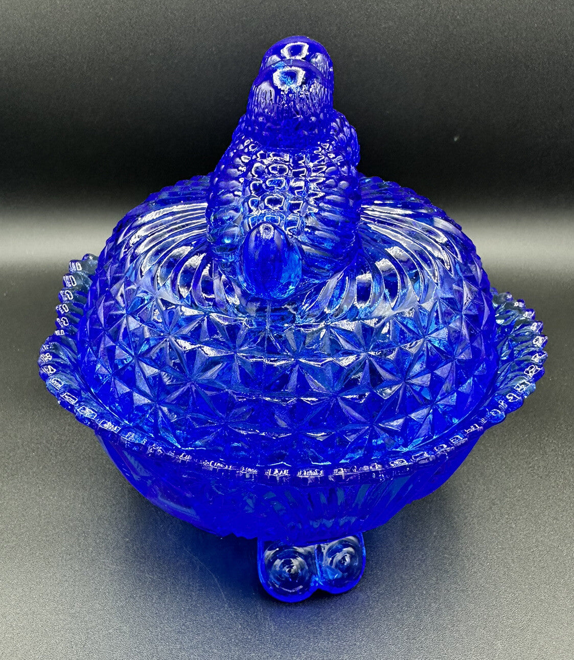Candy Dish Hofbauer Byrdes Cobalt Blue Glass 3 Footed Large Love Birds Vintage