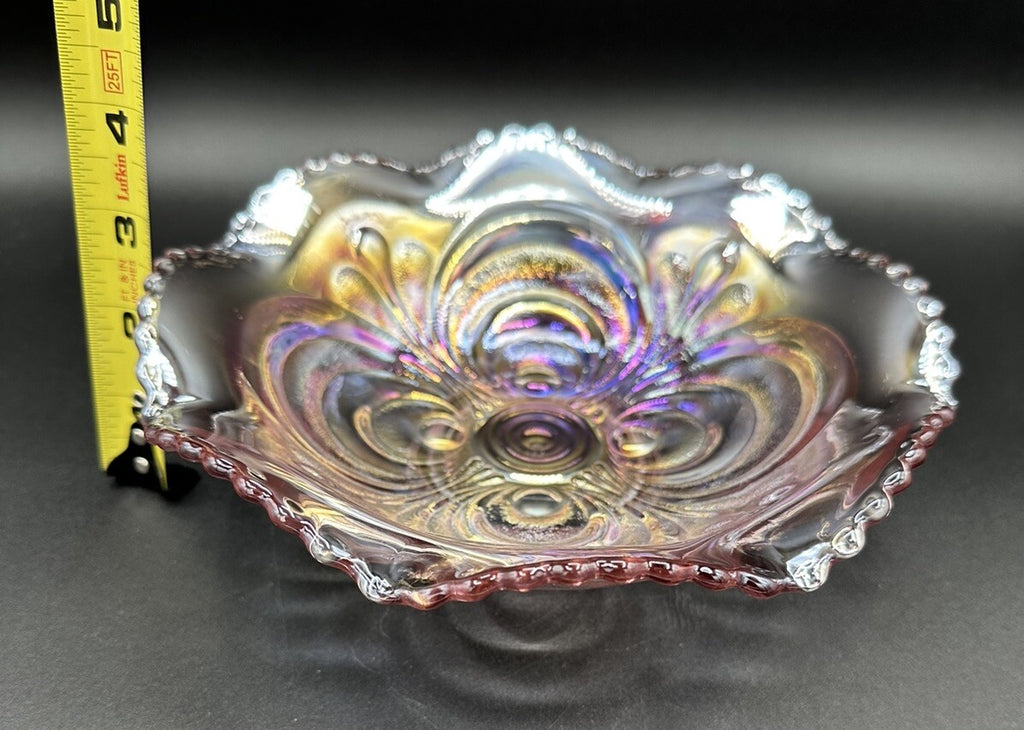 Bowl Iridescence Sawtooth Pearl Imperial Art Glass Scroll Pink Ruffled Vintage