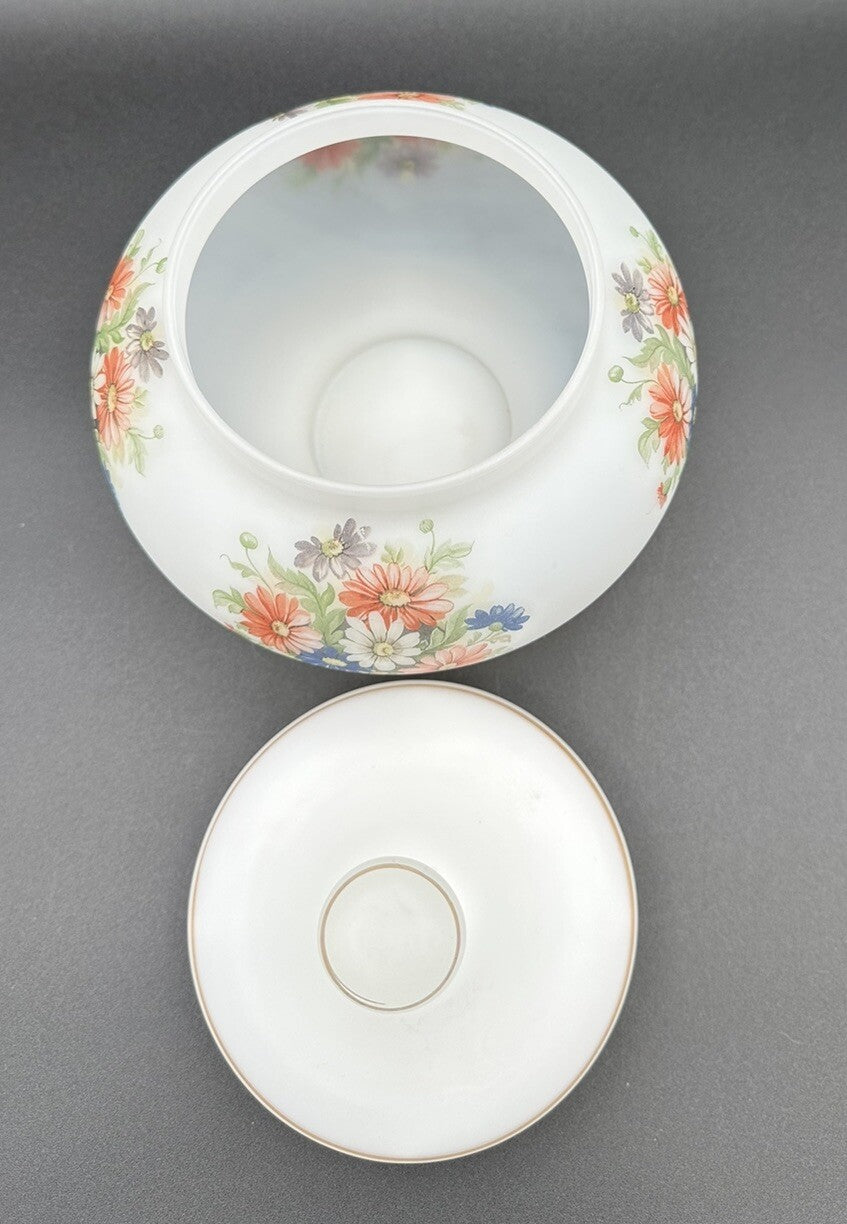 Candy Jar With Lid Flowers on frosty white Blown Heavy Glass Italy Vintage