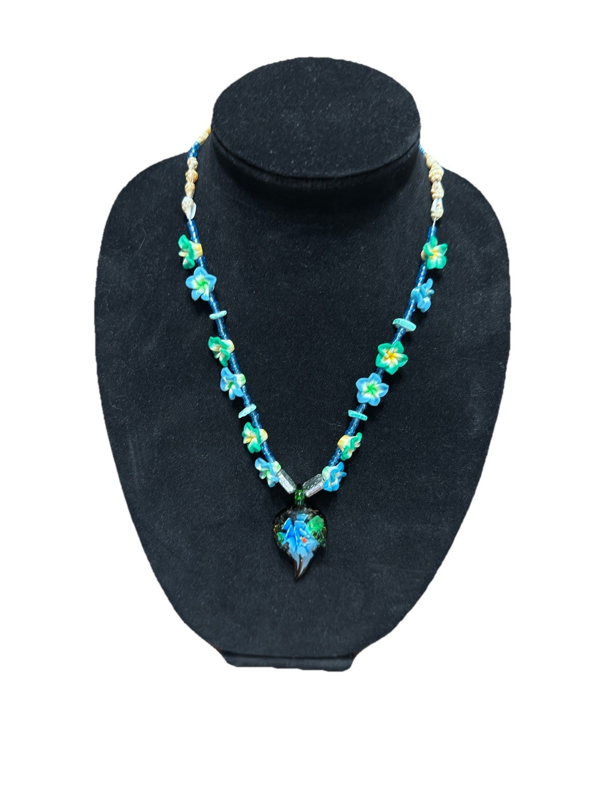 Blue Green Art Glass Pendant Beaded Floral Necklace