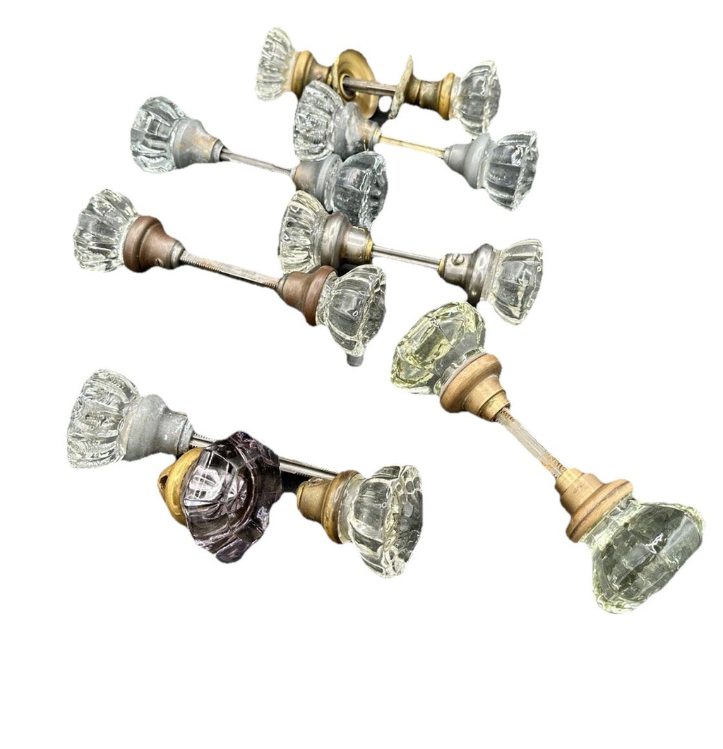 Antique Door Knobs Brass Collar & Spindles Hardware 7 Sets Glass 12 pt
